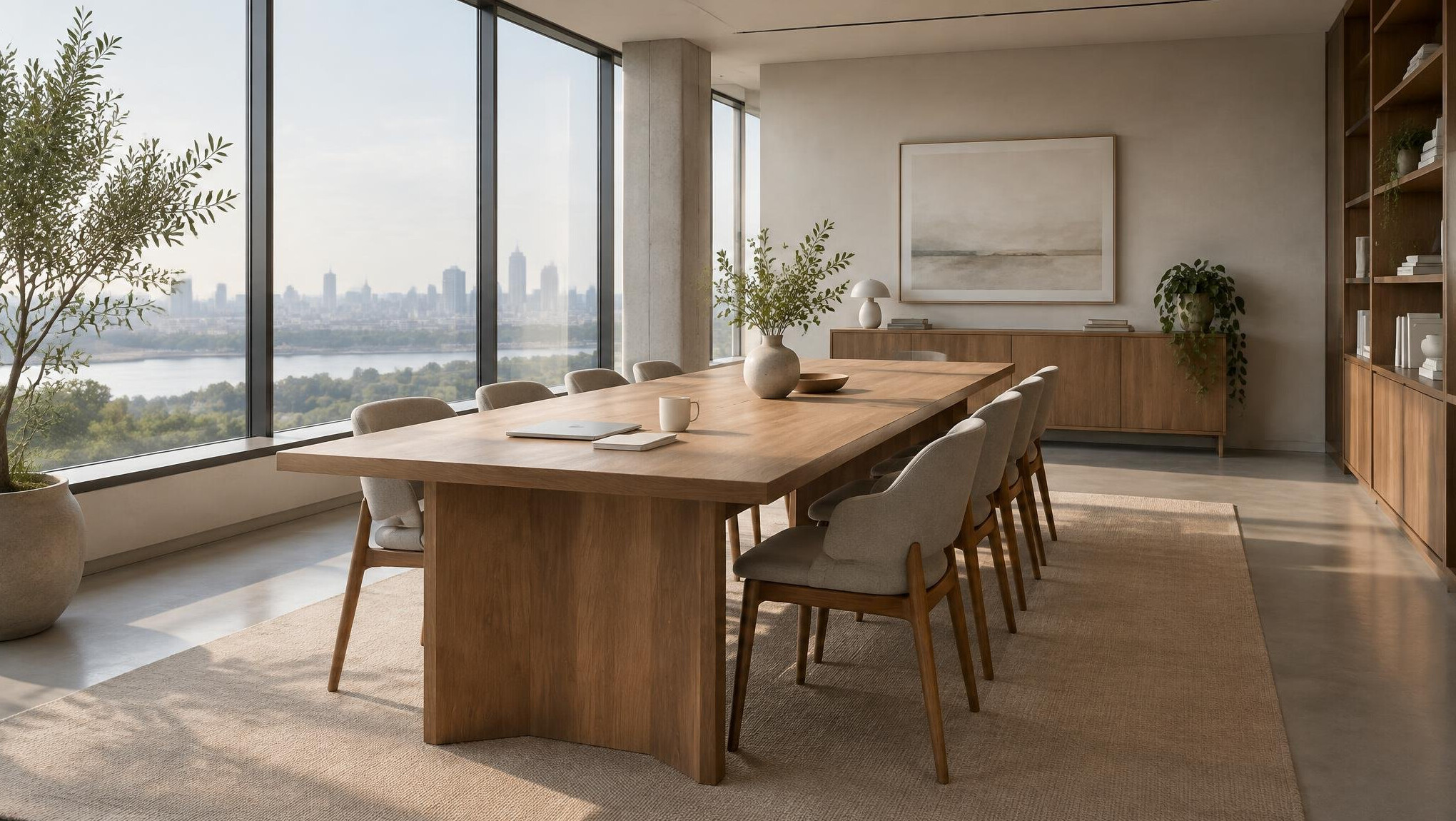 Quiet modern office interior with large windows